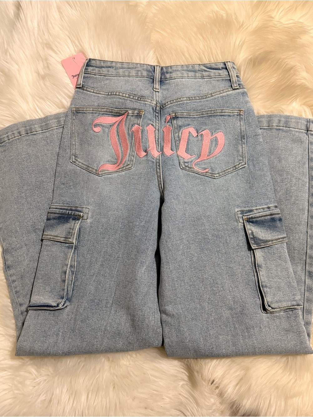 Juicy Couture Light Wash Cargo Flare Jeans with Pink Back Logo